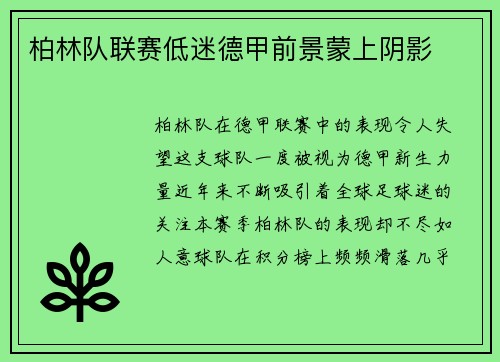 柏林队联赛低迷德甲前景蒙上阴影