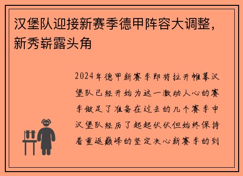 汉堡队迎接新赛季德甲阵容大调整，新秀崭露头角