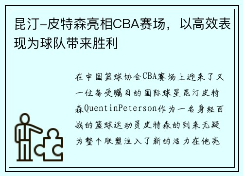 昆汀-皮特森亮相CBA赛场，以高效表现为球队带来胜利